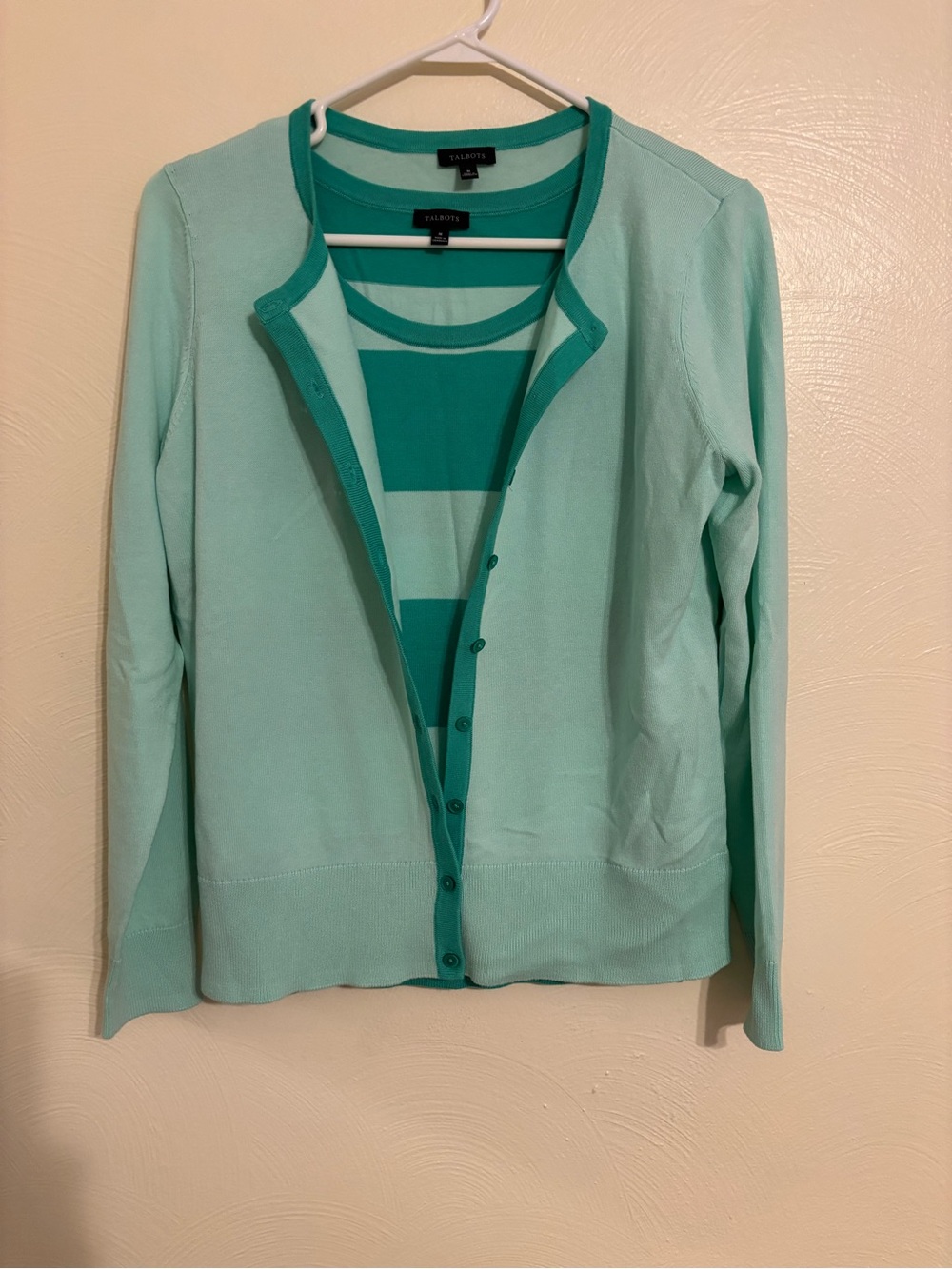 Talbots Twinset Cardigan Shell Set Mint Green TENCEL Cotton Size Medium